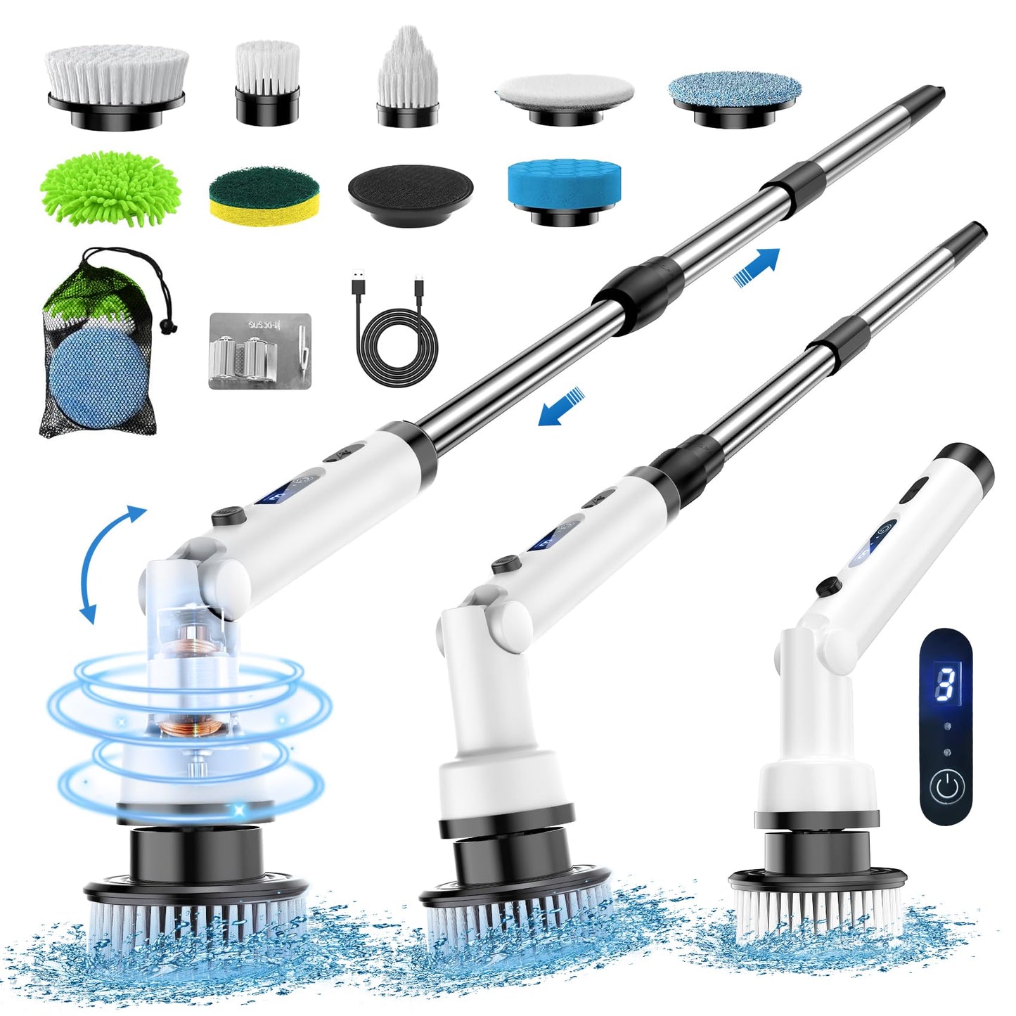 ETENTOUS Cepillo Limpieza hogar, 8 in 1 Cepillo electrico Limpieza hogar, limpiacristales electrico con 140cm Mango Ajustable, 3 Velocidades 3 ángulos, Cleaning Brush para baño, Tina, Cocina, Piso