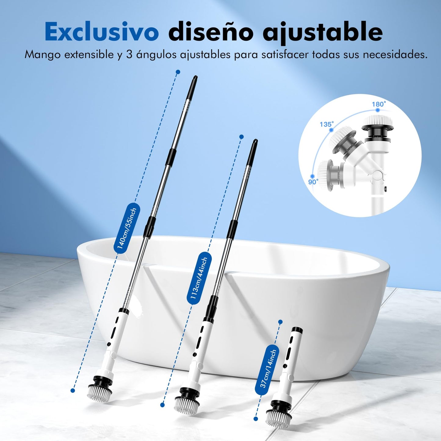 ETENTOUS Cepillo Limpieza hogar, 8 in 1 Cepillo electrico Limpieza hogar, limpiacristales electrico con 140cm Mango Ajustable, 3 Velocidades 3 ángulos, Cleaning Brush para baño, Tina, Cocina, Piso
