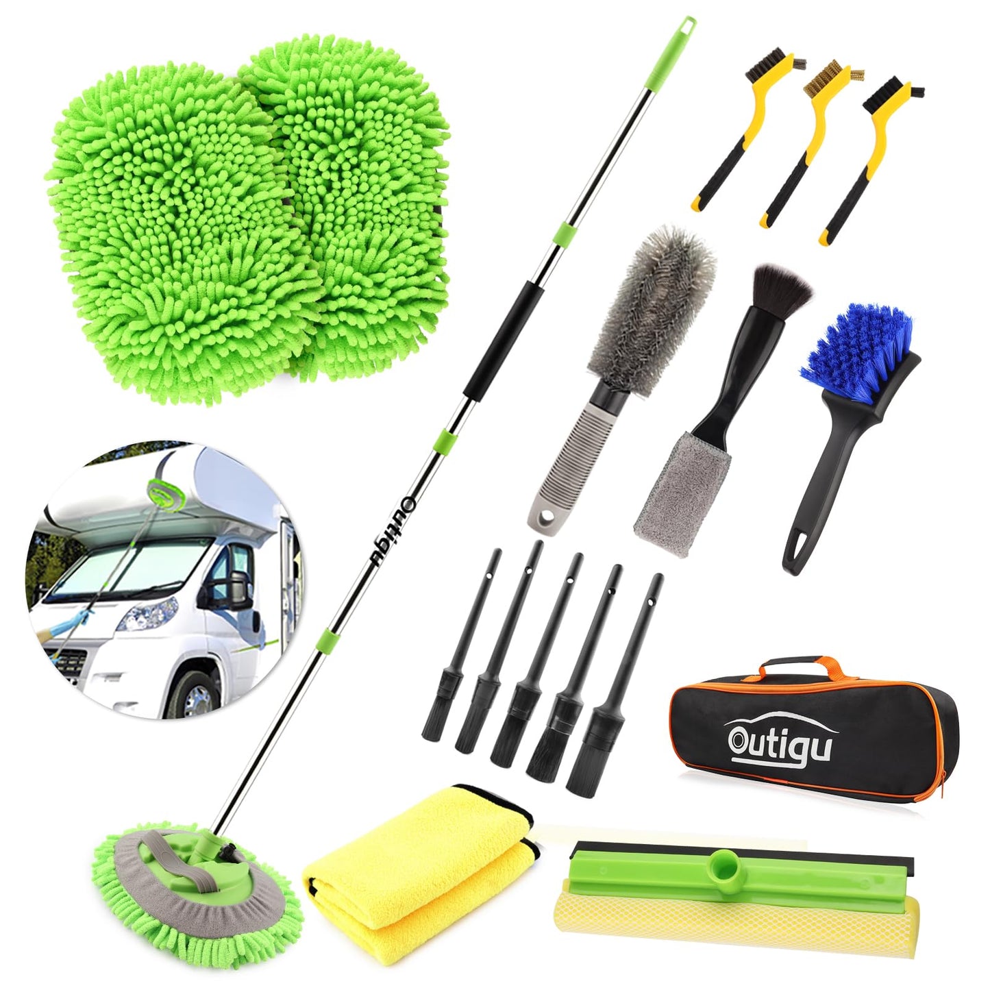 Outigu Kit de limpieza de coche, 62 pulgadas, guante de fregona con mango largo, juego de cepillos de detalles de coche, suministros completos de limpieza de coche