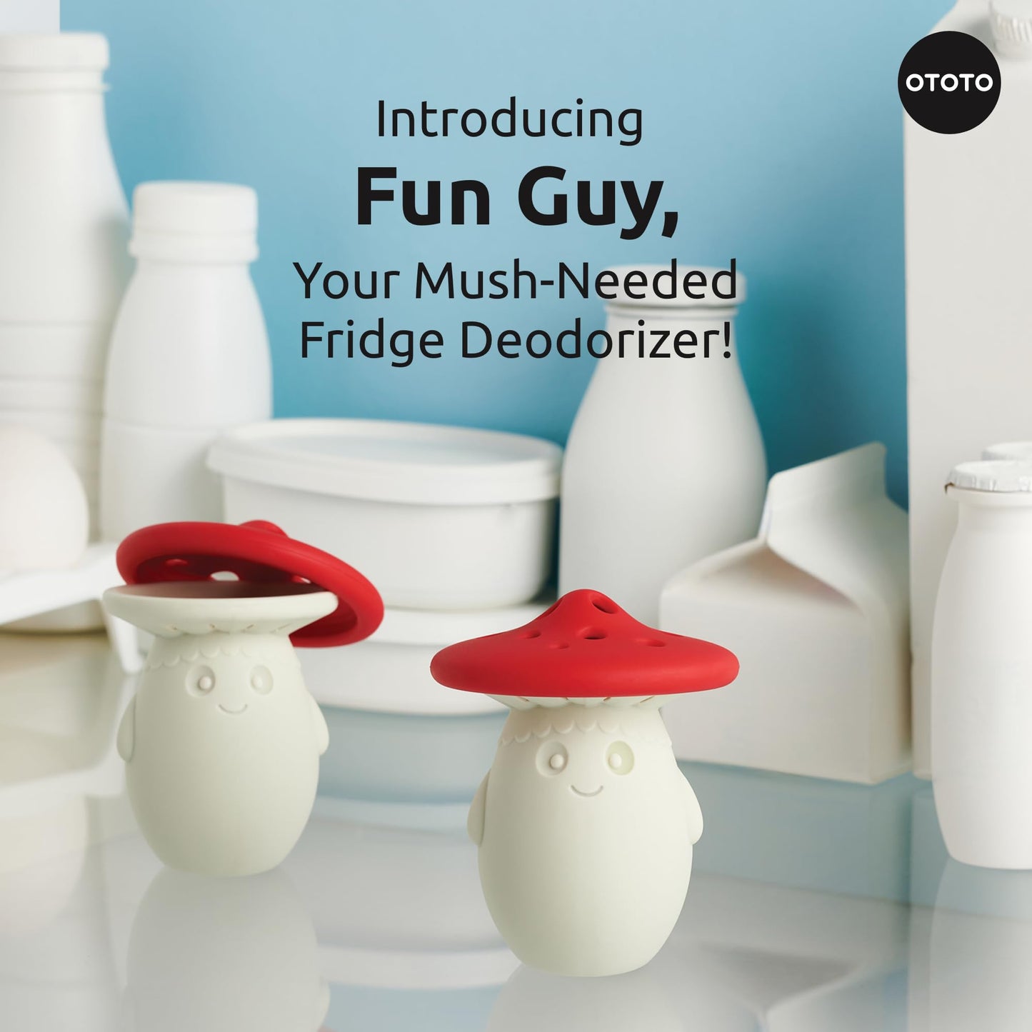 OTOTO Fun Guy - Desodorante para nevera, eliminador de olores de nevera de grado alimenticio, apto para lavavajillas y sin BPA, soporte desodorante de bicarbonato de sodio, 2.75 x 2.75 x 3.4 pulgadas