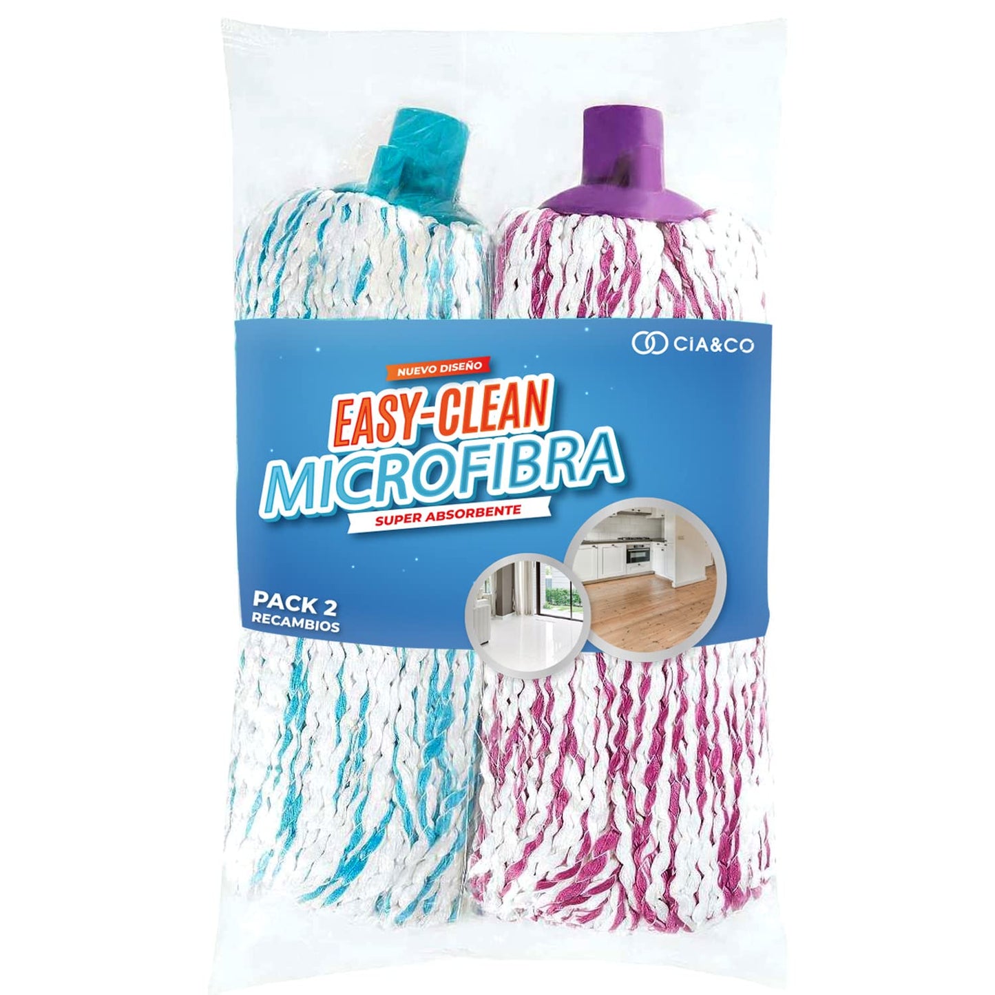 Pack Cia&Co 2 Fregonas de MicroFibras | Mega-Absorbentes | Para todo tipo de pisos y suelos | Anti-Microbios | No dejan Pelusa | Alcanza todos los lugares | 100% MicroFibras antifatiga facil escurrido