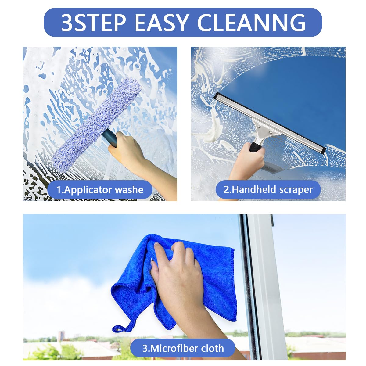 JNBGTU Kit de Limpieza de Ventanas 6 Piezas Limpiacristales Limpiador de Ventanas Profesional Limpiador de Vidrio de Microfibra Multiuso Kit de Limpieza Profesional para Ventana, Coche, Baño