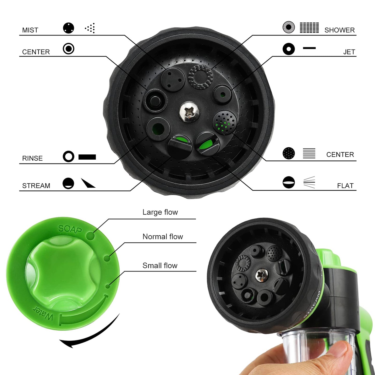 Pistola de Riego, Pistola de Agua para Jardín Manguera, 8 Modos Pulverizar Ajustable Alta Presión Boquilla de Espuma con Dispensador para Lavado Coche y Mascota, Regar Planta y Césped