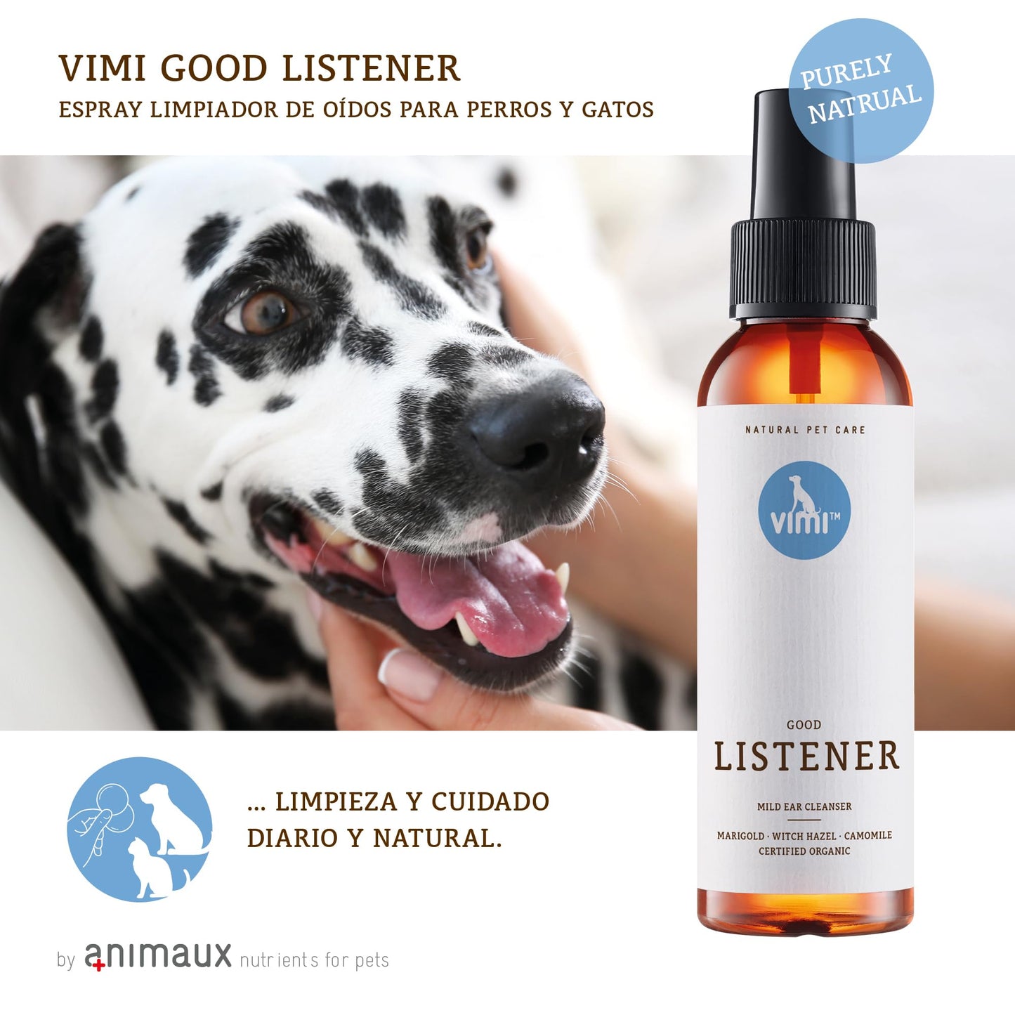 animaux Vimi Good Listener – Limpiador de oídos para orejas sensibles de perro y gato, 100 ml, con manzanilla, caléndula y magia para una limpieza profunda y suave
