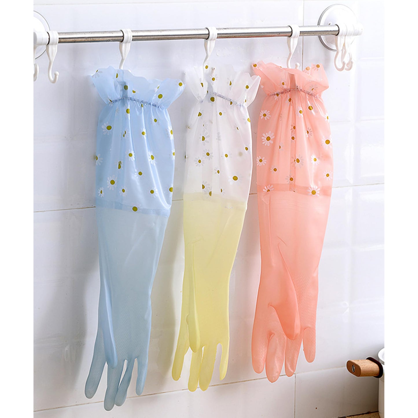 3 pares PVC Guantes de Lavado sin Látex, Forro de Algodón, Brazo Largo, Reutilizable para Lavar Platos Limpieza de la Cocina Hogar,Coche, Baño (Amarillo + Rosa + Azul)
