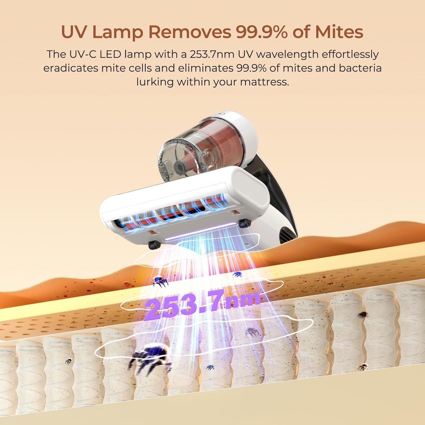 JIGOO Aspiradora de Ácaros con Sensor de Ácaros y Pantalla LED Inteligente, Aspiradora Antiácaros para Colchones con luz UV, Combate Las chinches, Elimina el 99,9% de los alérgenos, Especial Alergias