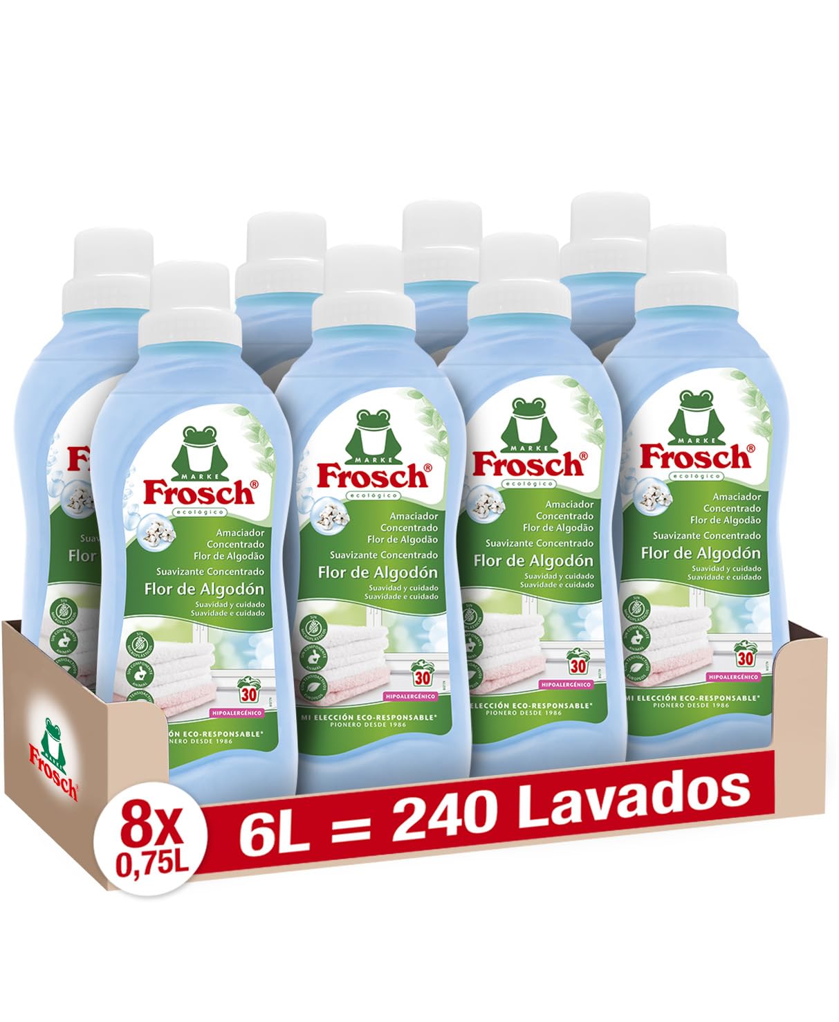 Frosch - Suavizante Concentrado Liquido Ecológico Flor de Algodón para Lavadora, Apto para Ropa Blanca y de Color - Pack de 8 Unidades x 750 ml
