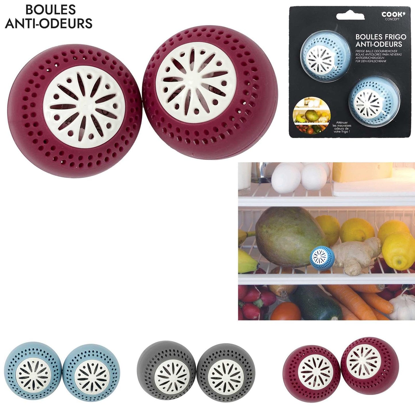 Easy Make CMKB5657 Set 2 Bolas ANTIOLOR Nevera, Polipropileno, Gris Burdeos/Azul Cielo Color Aleatorio, 2 Unité (Lot de 1), 2