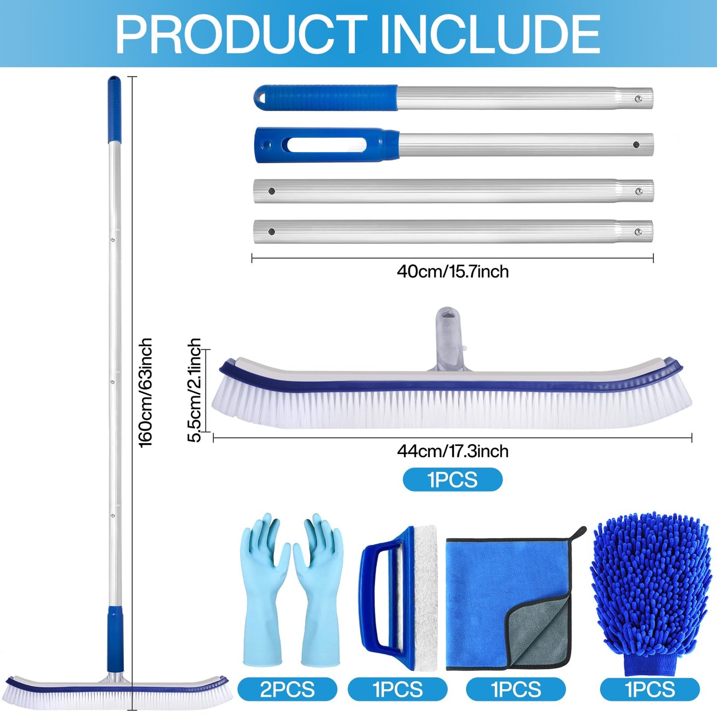 ZPQAODI Kit de Limpieza de Piscina 6 Piezas, Juego de Accesorios de Piscina, Cepillo de Piscina con Mango de Aluminio Ajustable de 160 cm, Kit de Cepillo de Piscina para Limpieza de Piscinas