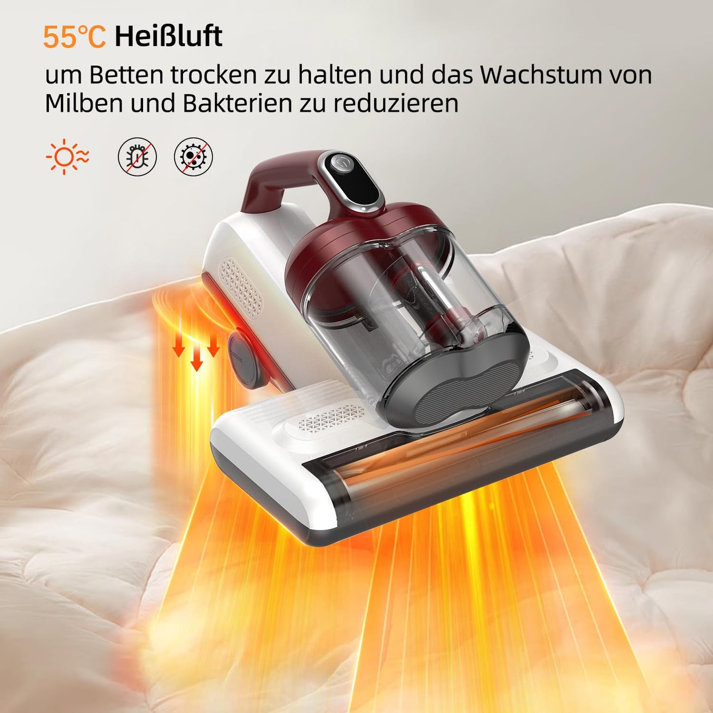 FEVORCS Aspirador de ácaros para colchones con luz UV de 17 kpa, con doble rodillo, 450 W, doble depósito de polvo de 600 ml, para tapicería, cama, sofá, pelo de animales