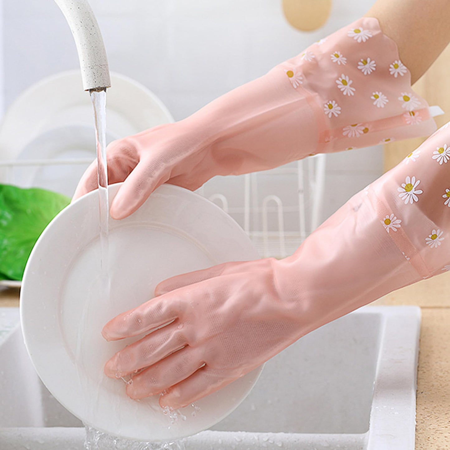 3 pares PVC Guantes de Lavado sin Látex, Forro de Algodón, Brazo Largo, Reutilizable para Lavar Platos Limpieza de la Cocina Hogar,Coche, Baño (Amarillo + Rosa + Azul)
