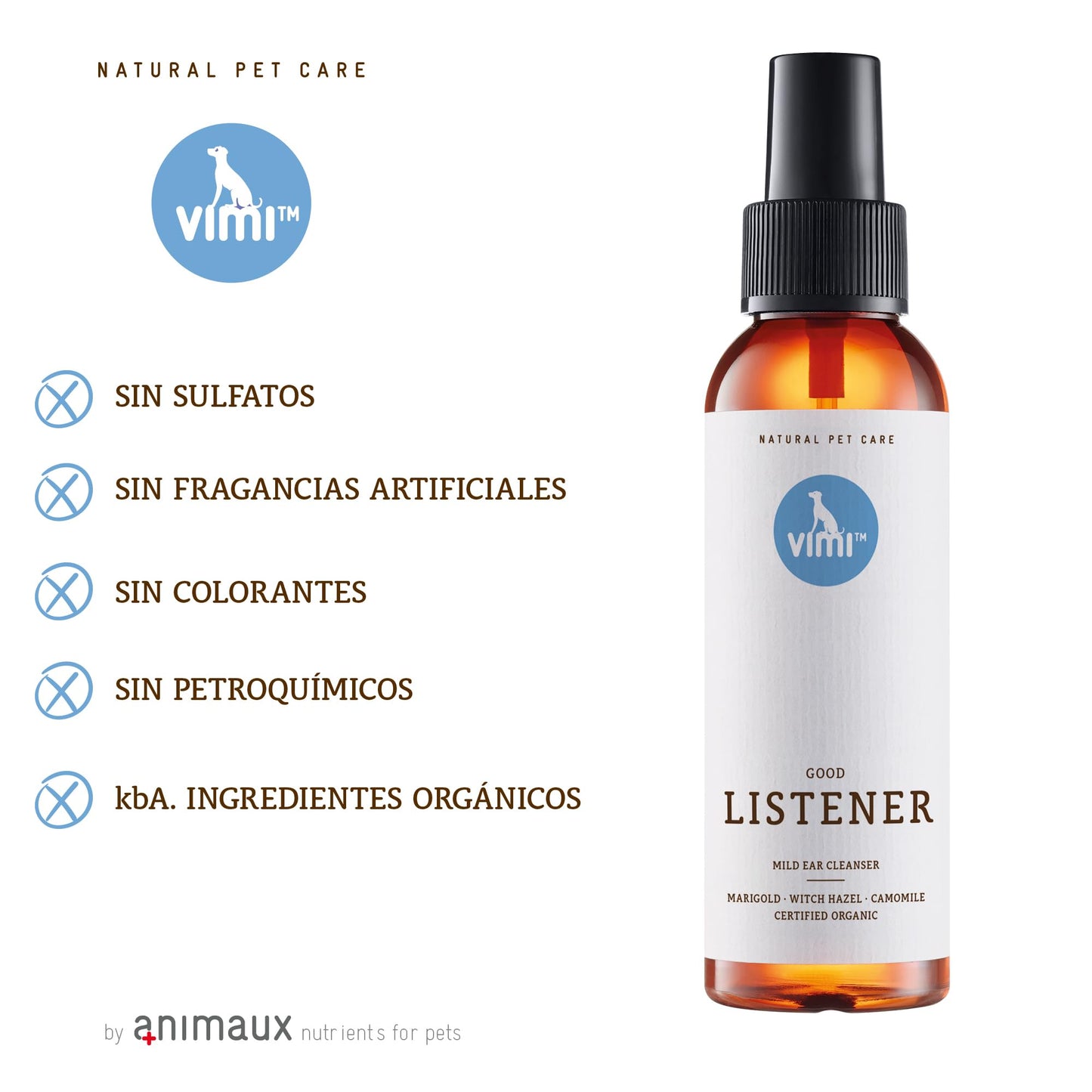 animaux Vimi Good Listener – Limpiador de oídos para orejas sensibles de perro y gato, 100 ml, con manzanilla, caléndula y magia para una limpieza profunda y suave