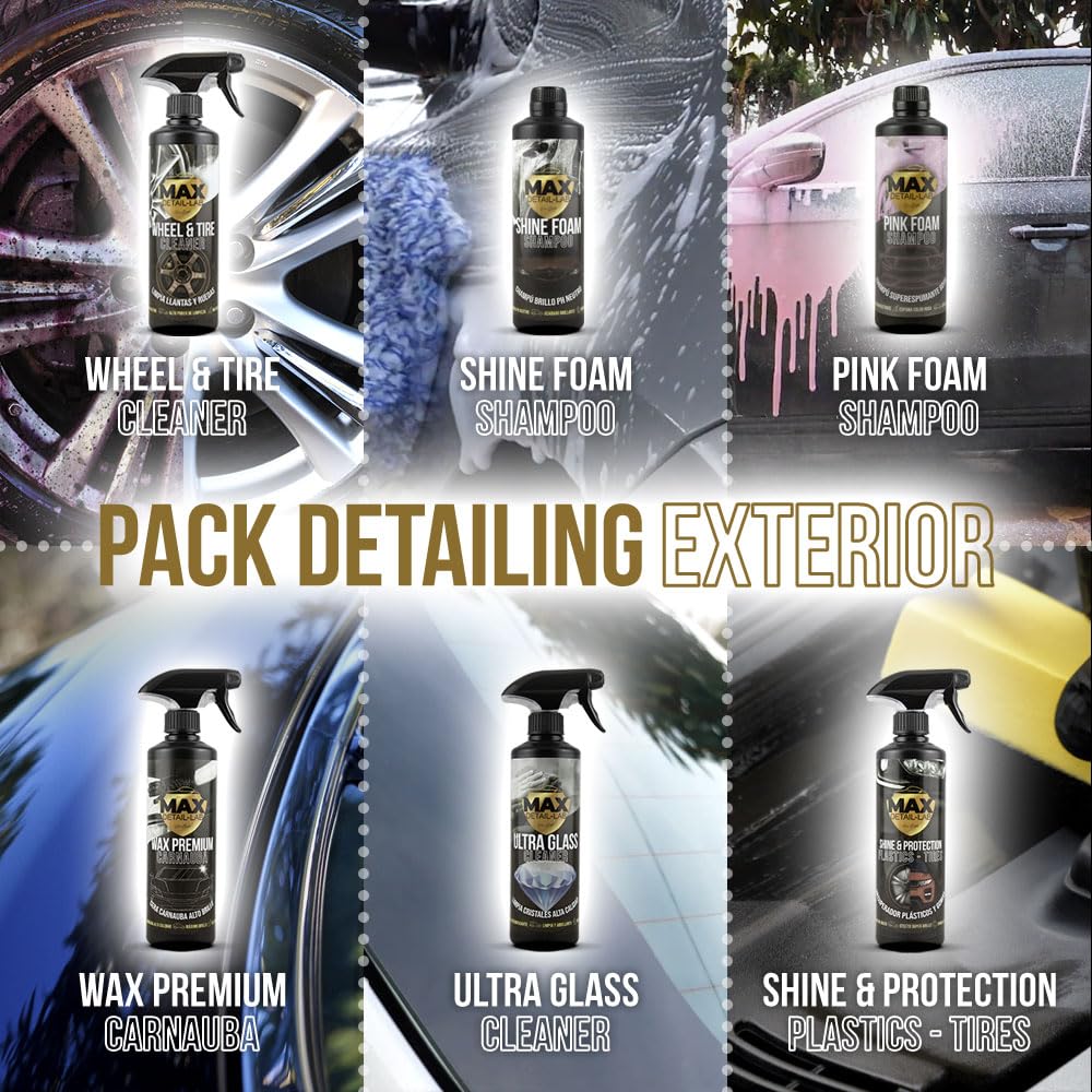 MAX DETAIL-LAB - Detailing Pack - Kit Limpieza Coche Accesorios Incluidos, Productos Limpieza Exterior e Interior, Limpia Llantas, Champu, Cera Líquida, Tapicerias, Salpicaderos, Limpiacristales