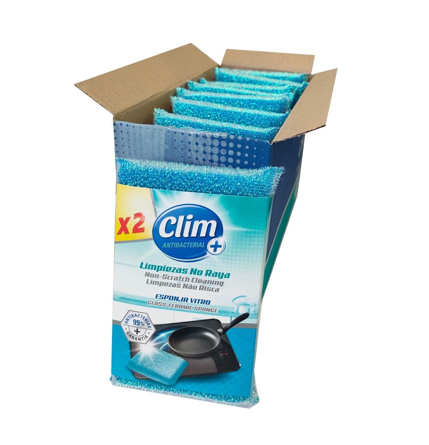 Clim Antibacterial Esponja para Limpiar Vitrocerámicas y Superficies Delicadas | Limpia sin rayar. Caja con 16 Esponjas en Paquetes de 2 Unidades | Cristal, Teflón, Cerámica y más.