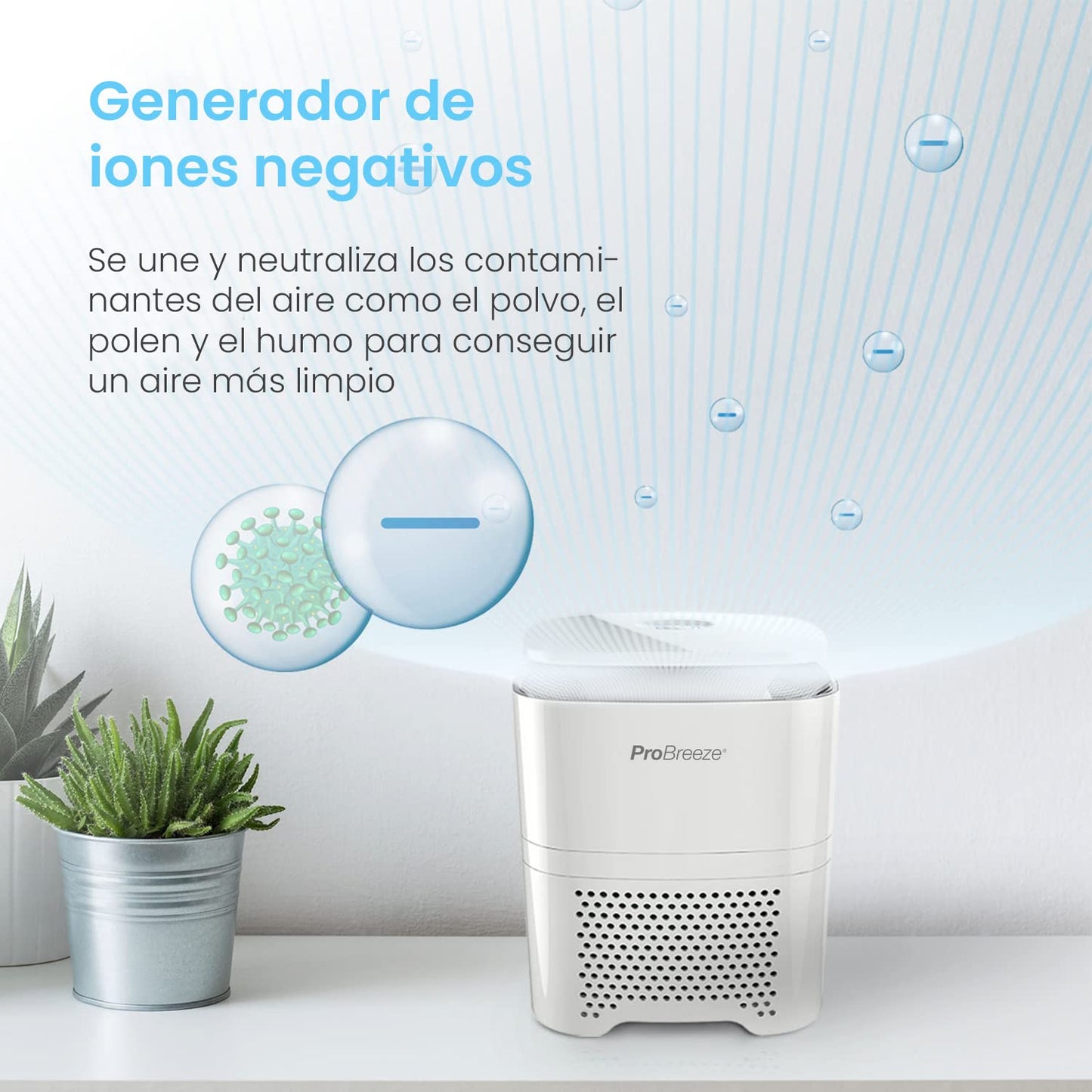 Pro Breeze Purificador de aire 4 in 1 con Prefiltro, Filtro Auténtico HEPA & Filtro de Carbón Activado con Generador de Iones Negativos. Limpiador de Aire Personal de Escritorio para Alergias