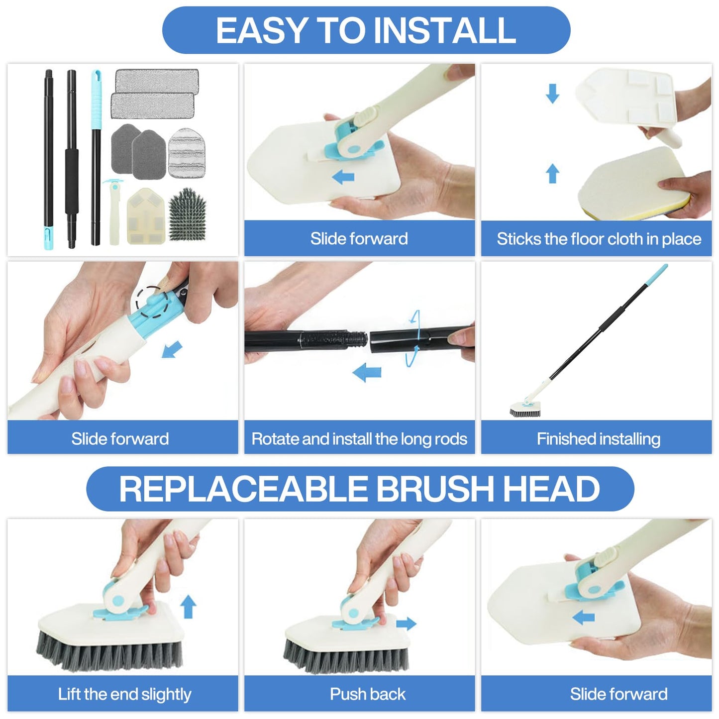 Vautvis Cepillo De Limpieza Hogar para Ducha 4 En 1,Cepillo Limpieza Ducha con Mango Telescópico, Palo Extensible Limpieza, Mopas De Limpieza Suelos para Ducha, Cocina, Baño, Bañera, Suelo