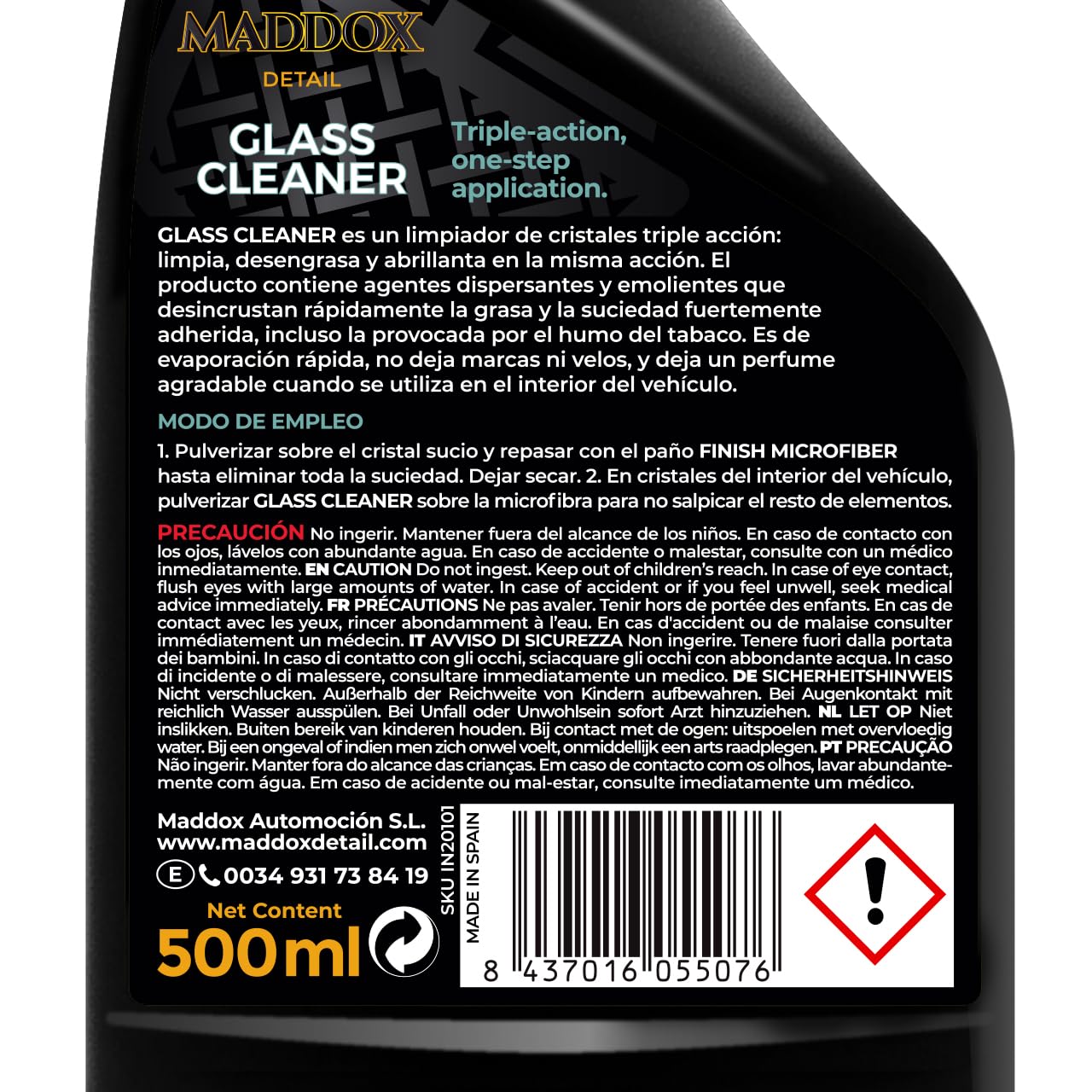 Maddox Detail - Limpiacristales, Triple Acción, Desengrasa y Abrillanta | Ideal como Limpia Mosquitos para Coche | Repele el Agua de los Cristales | Glass Cleaner 500ml