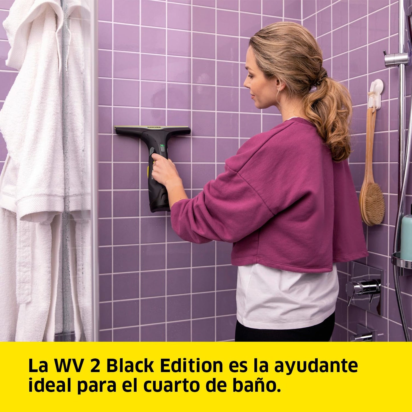 Kärcher Limpiadora de Cristales WV 2 Black Edition, Autonomía de Batería: 35 min, Indicador LED Estado Batería, 2 Boquillas de Aspiración, Pulverizador y Paño Microfibra, 20 ml Detergente