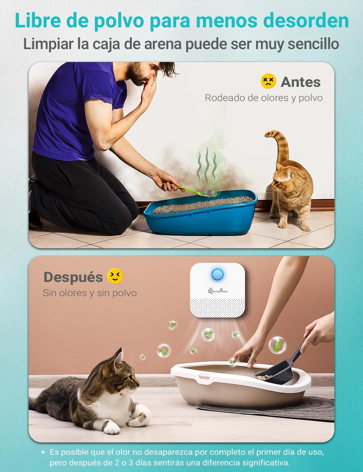 DownyPaws Desodorante para Arena para Gatos, desodorización Batería de 14 días de duración para Caja de Arena para Gatos