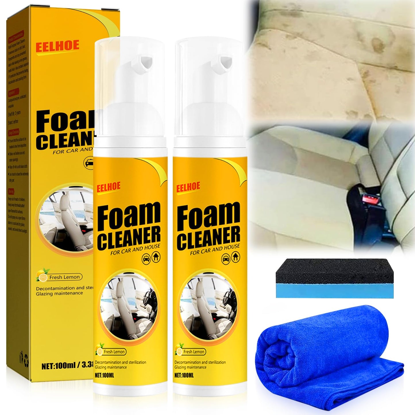 Qooloo Car Magic Foam Cleaner (100 ml, 2 uds),Multipurpose Foam Cleaner Spray,Powerful Stain Removal Kit for Car And Kitchen,Leather Decontamination
