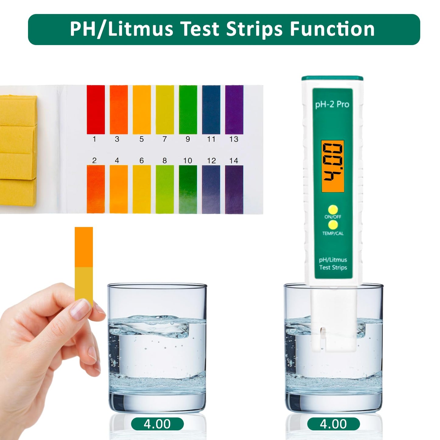 Homcoice Medidor pH con Temperatura y Función de Tira Reactiva Tornasol, Test Temperatura pH 0.01 de alta precisión, Medidor Valor pH con función ATC para piscina, hidroponía, acuario, piscinas