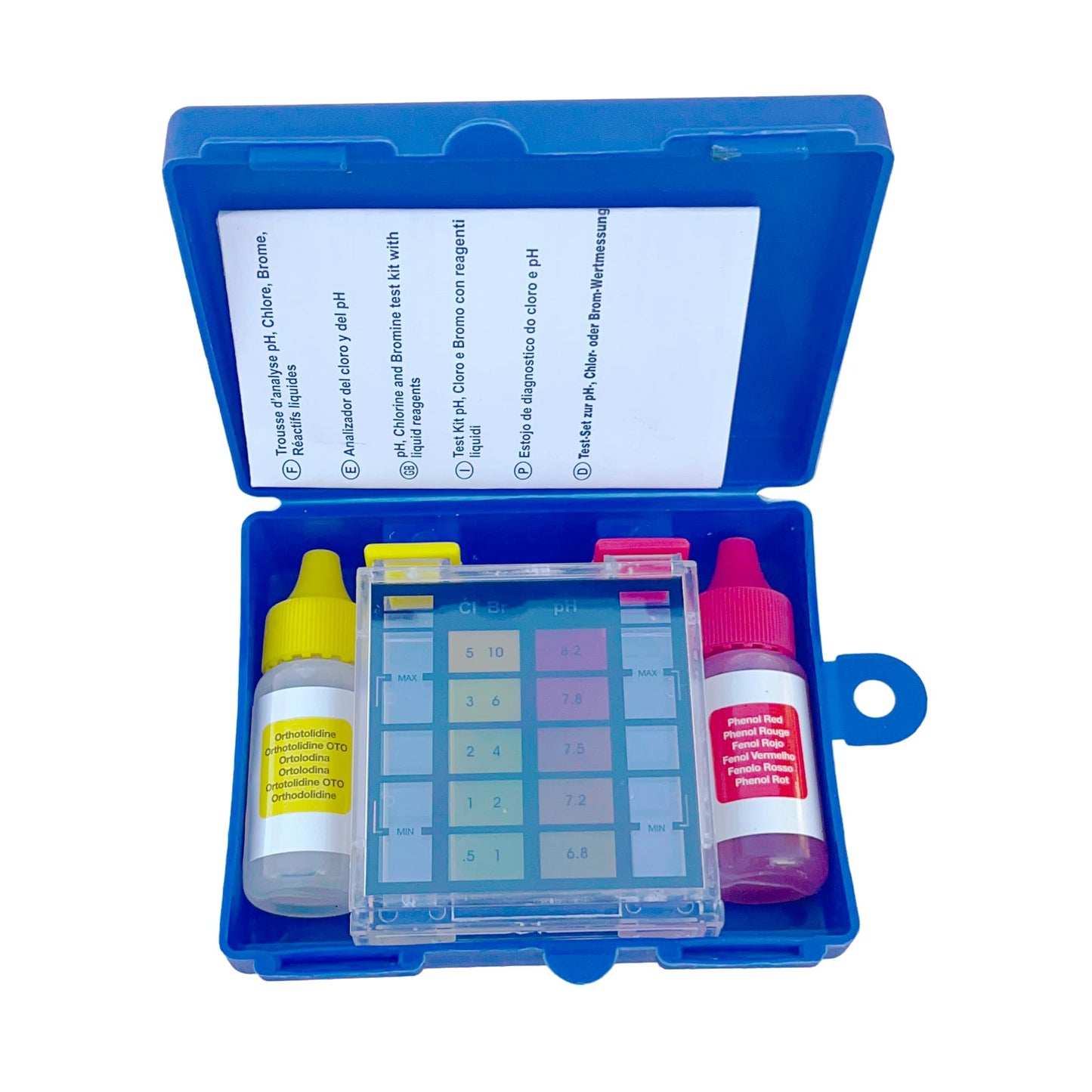 SIQUA Pack Dosificador de Cloro y Medidor Cloro y pH Piscinas – Pack Mantenimiento Piscinas con Medidor y Dispensador de Cloro – Gotas Reactivas Phenol Red y OTO – Dosificador Fabricado en España