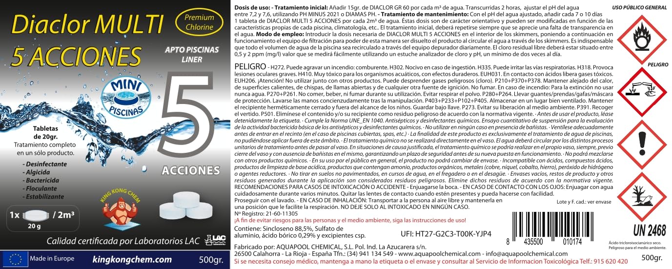Kit Cloro Piscinas Pequeñas DIACLOR Multi 5 ACCIONES 500 GR (Pastillas 20 GR) SIN Cobre + Antialgas DIAQUAT SPA 500 ML + DOSIFICADOR
