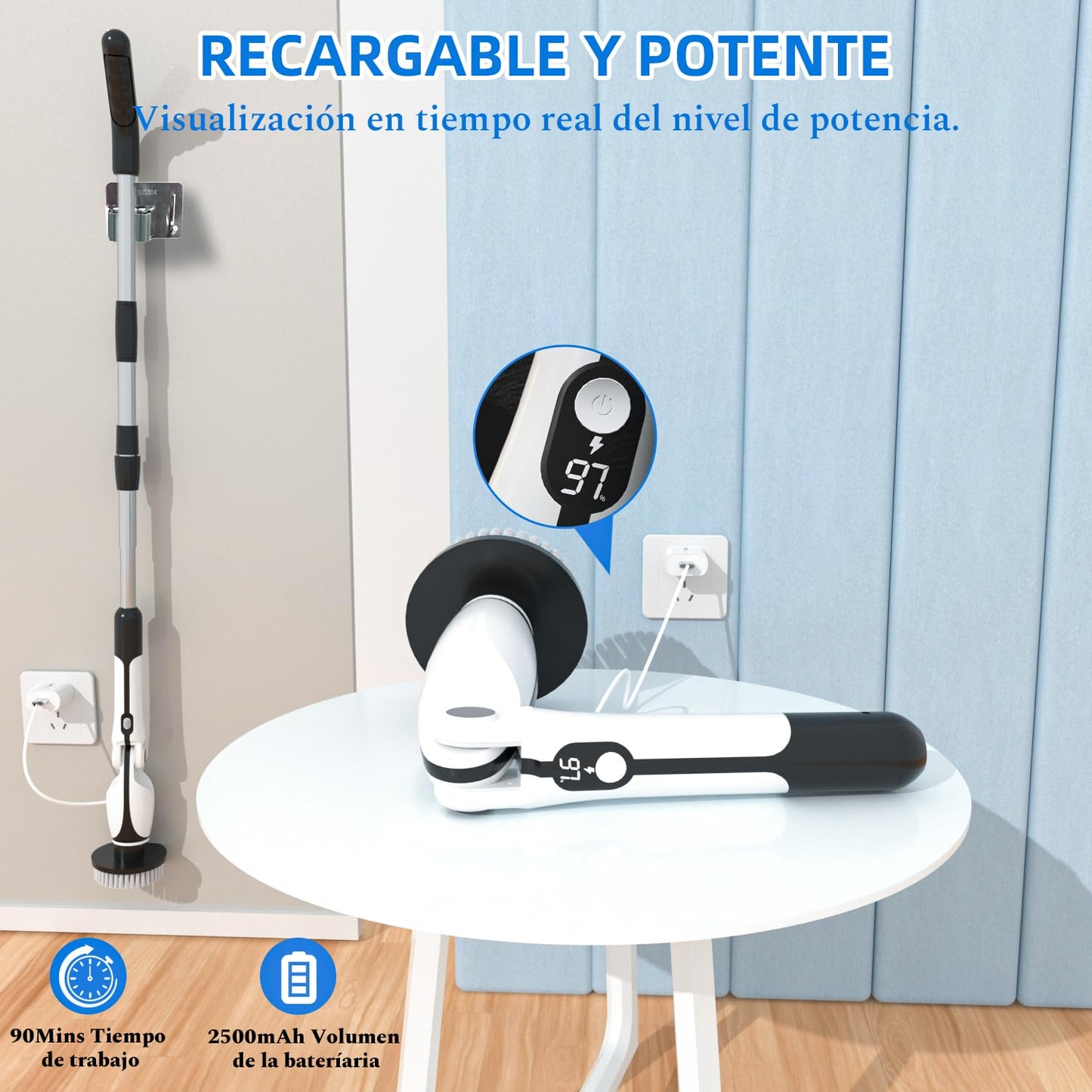 Cepillo Electrico Limpieza Hogar, Cepillo Limpieza Hogar con 4 Ángulos Ajustables, 7 Cabezales de Cepillo, 3 Opciones de Longitud, 90 Minutos de Autonomía, 2 Modos de Velocidad, para Baño, Suelo