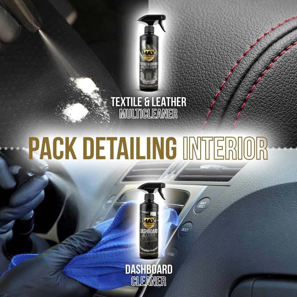 MAX DETAIL-LAB - Detailing Pack - Kit Limpieza Coche Accesorios Incluidos, Productos Limpieza Exterior e Interior, Limpia Llantas, Champu, Cera Líquida, Tapicerias, Salpicaderos, Limpiacristales