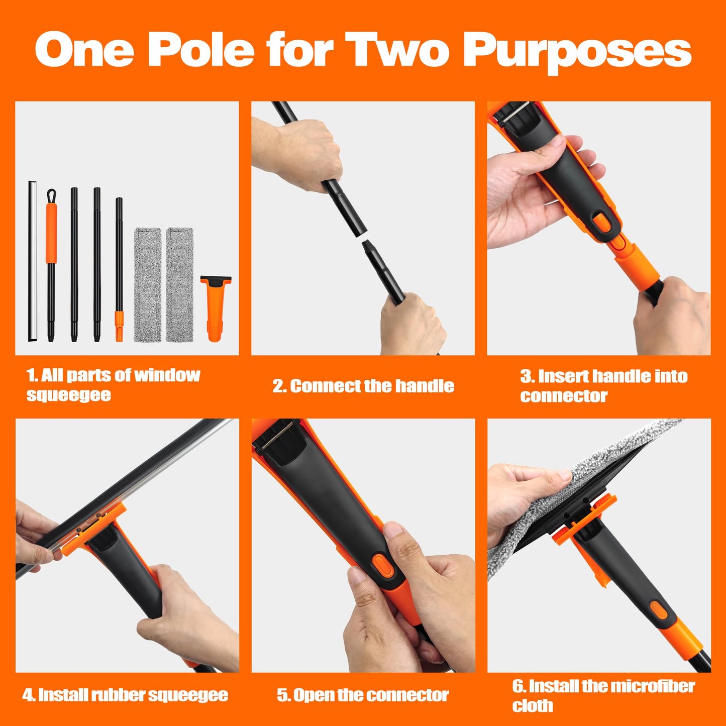 JEHONN Limpia Cristales Profesional Extensible Ventanas con152cm Limpiacristales Telescopico,2Paños de Microfibra para Exteriores Altas Vidrio Ducha Espejo Limpiar Cristal,Automóviles,Negro Y Naranja