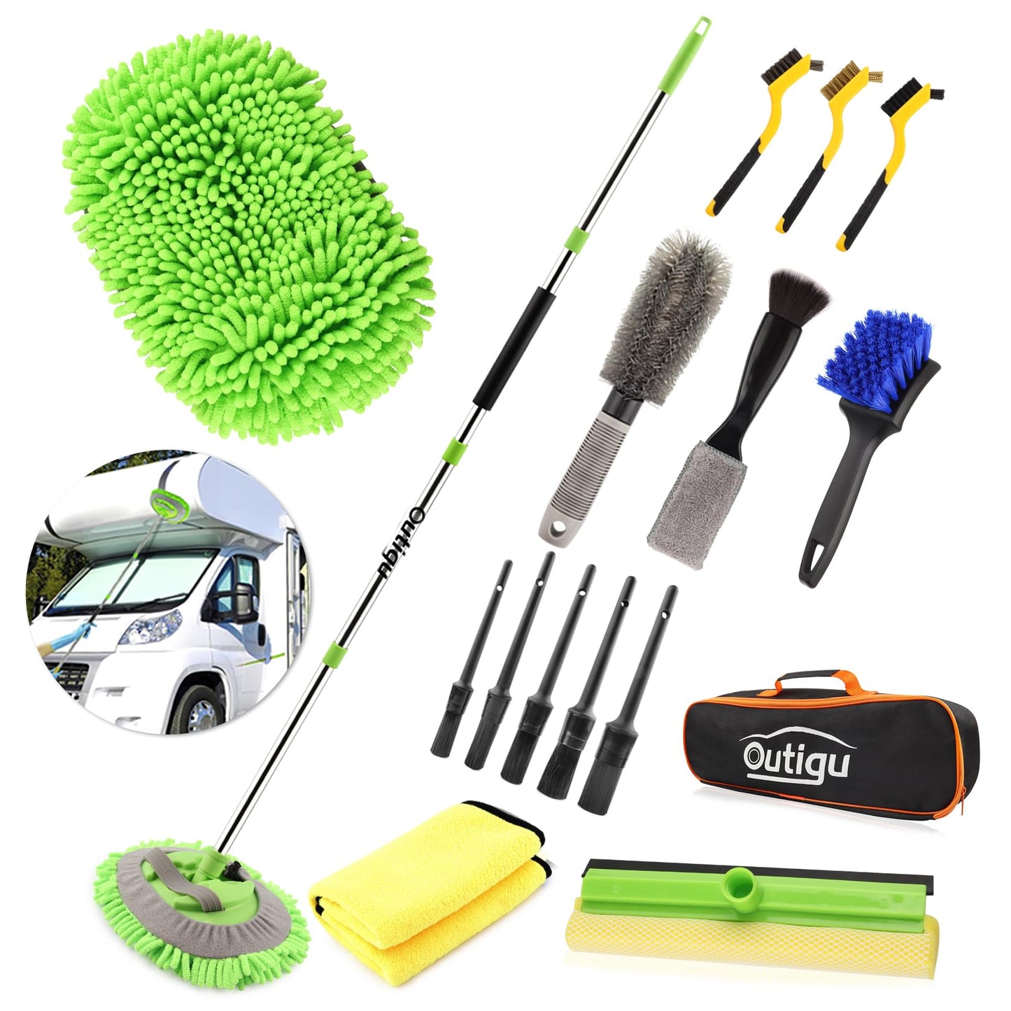 Outigu Kit de limpieza de coche, 62 pulgadas, guante de fregona con mango largo, juego de cepillos de detalles de coche, suministros completos de limpieza de coche