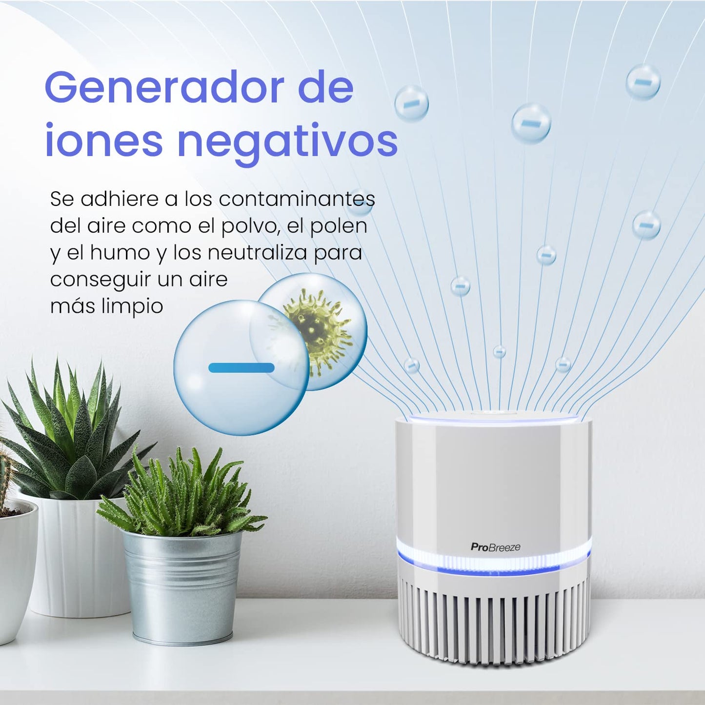 Pro Breeze Purificador de Aire Mini con Auténtico Filtro HEPA e Ionizador - Limpiador de Aire Personal de Escritorio con Luz Nocturna - Para Hogar, Trabajo, Oficinas | USB y Alimentación Principal