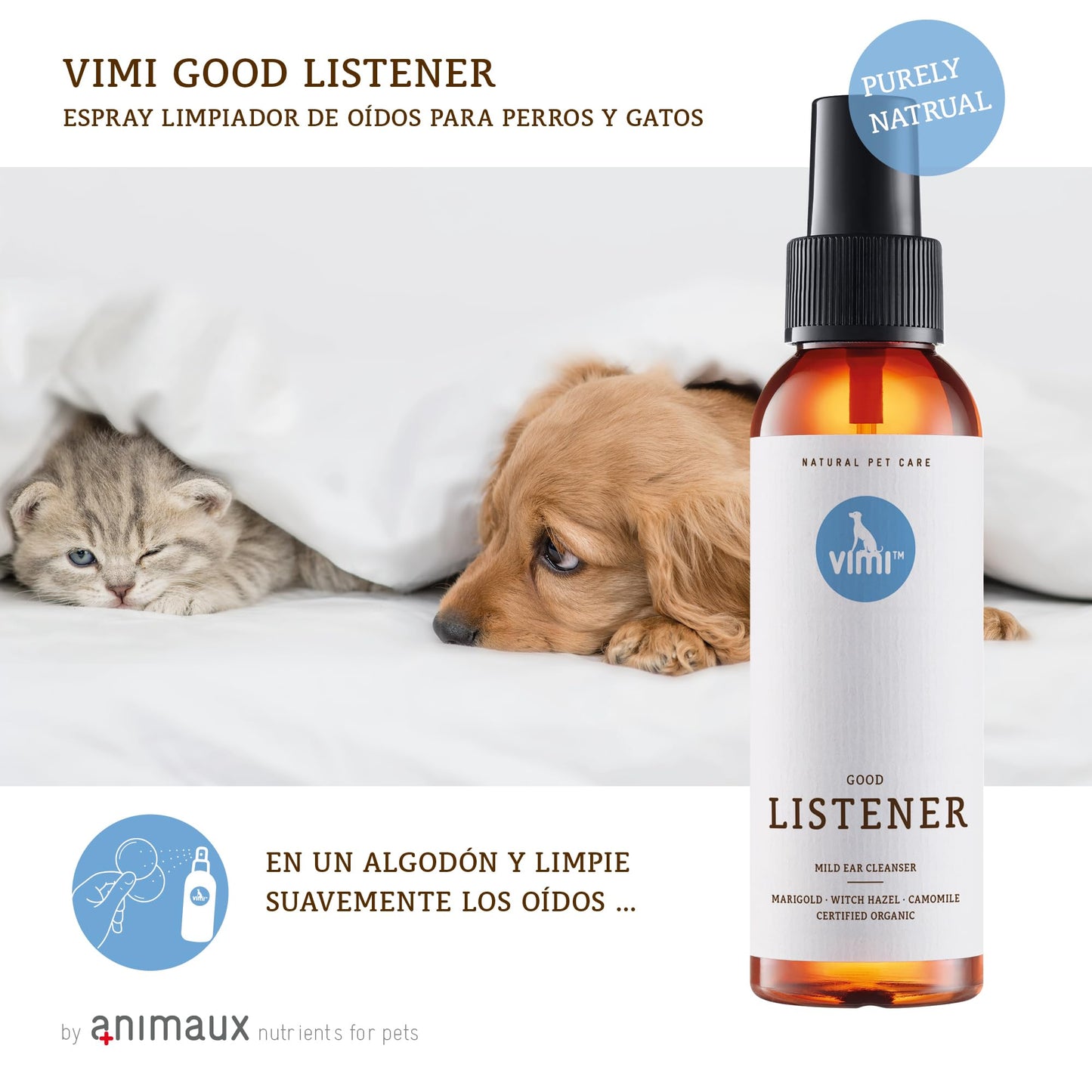 animaux Vimi Good Listener – Limpiador de oídos para orejas sensibles de perro y gato, 100 ml, con manzanilla, caléndula y magia para una limpieza profunda y suave