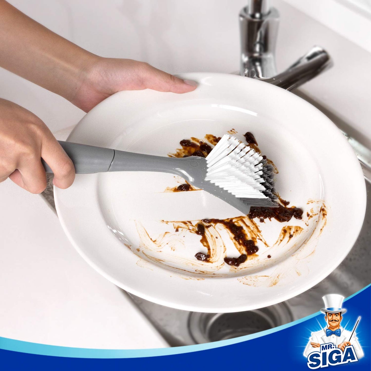 MR.SIGA Cepillo para Platos con Mango Antideslizante Raspador Incorporado, Cepillo para Fregar sartenes, ollas, Limpieza de fregaderos de Cocina, Paquete de 2