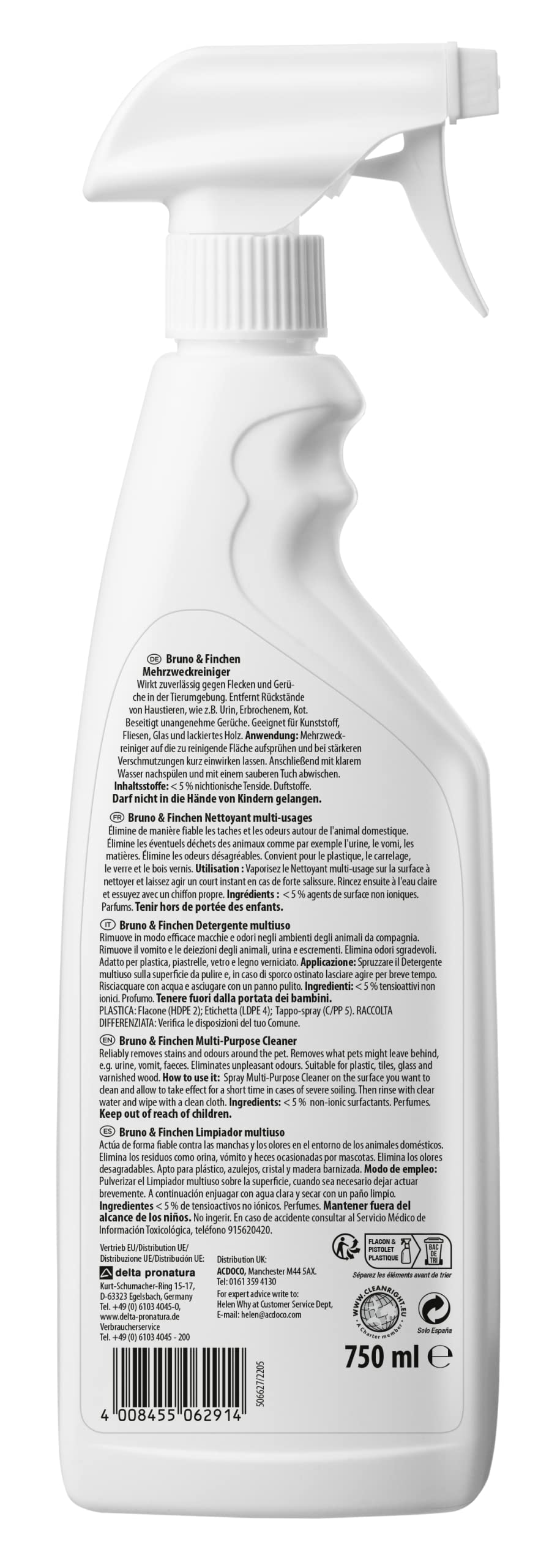 Bruno & Finchen Limpiador Multiusos para Perros, Gatos y Pequeños Animales 750ml - Elimina residuos de orina, heces y vómitos - Eliminador de Orina de Perros y Gatos, Limpiador de Arena de Gatos