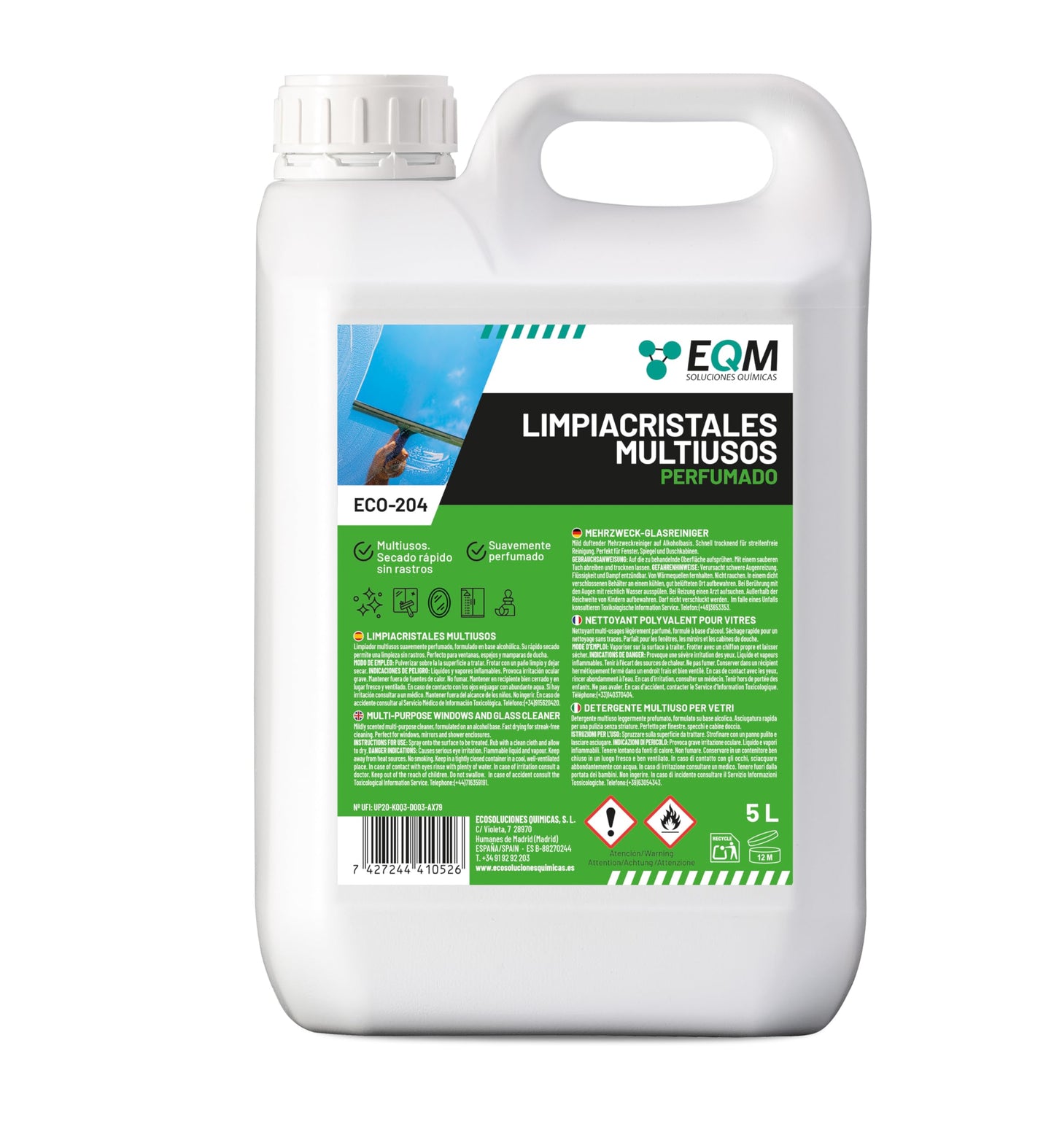 EQM - ECO-204 - Limpiacristales Multiusos Profesional - 5L - Limpieza Rápida, Sin Rastros Ni Marcas - Aroma fresco y envolvente