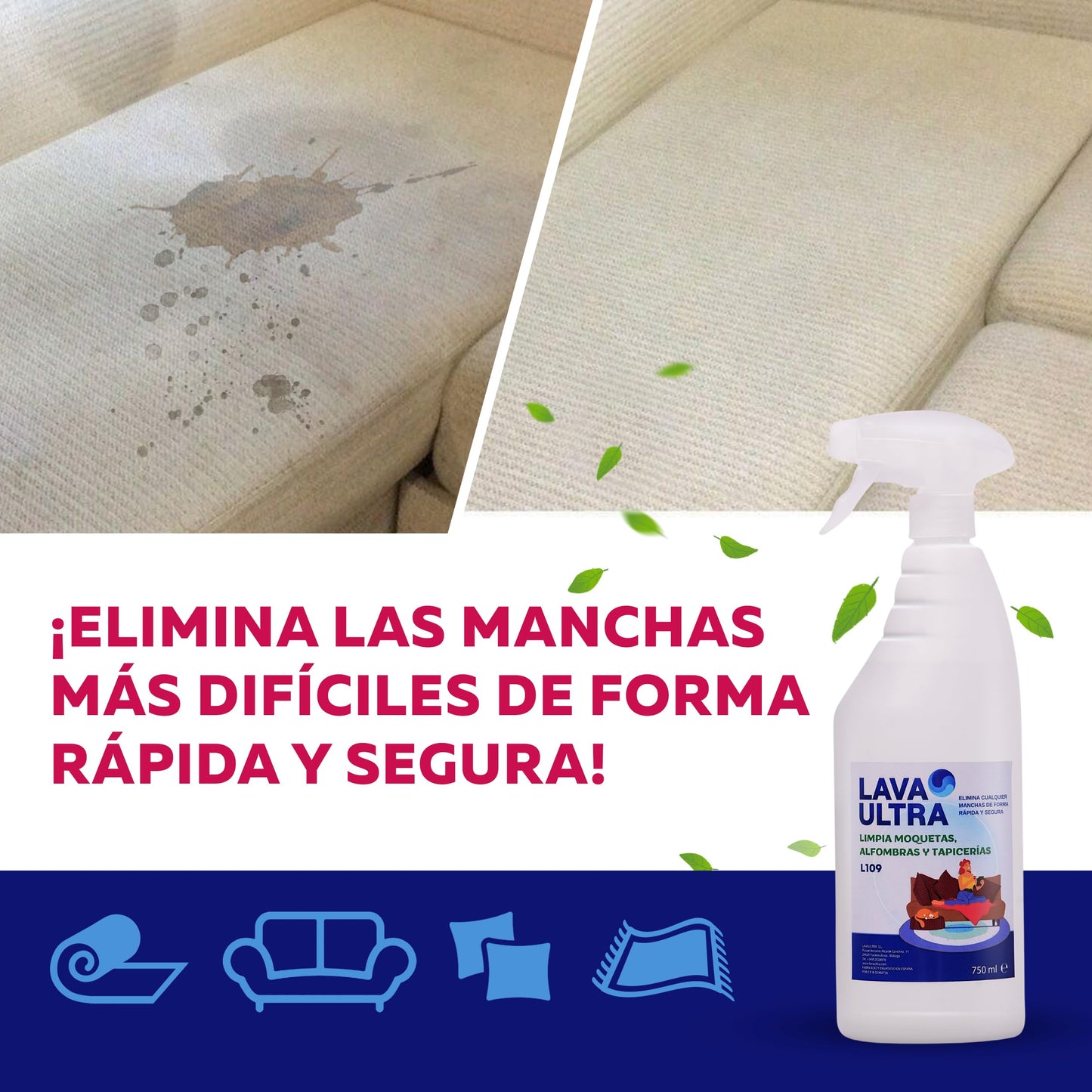 LavaUltra L109 Limpiador para Moquetas y Tapicerías, 5 Litros + Spray 750ml, Limpiador para Alfombras, Sofás y Textiles en Spray, Eficaz Contra Manchas Difíciles, Quitamanchas Profesional