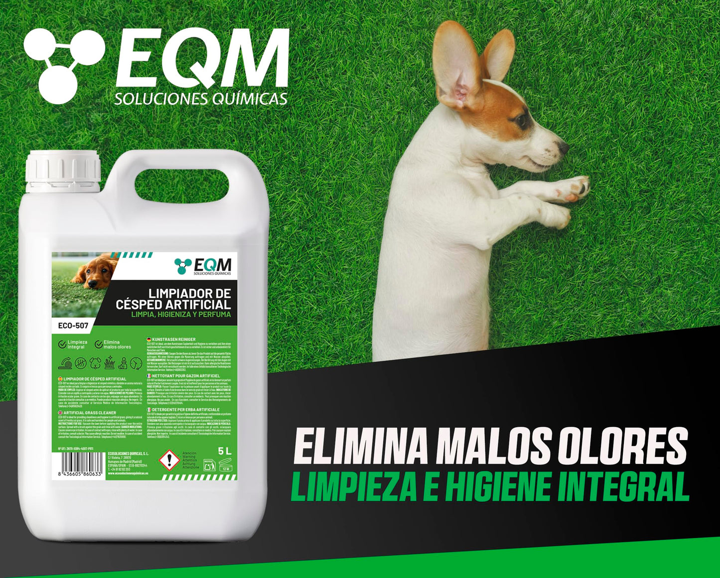 EQM - ECO-507 - Limpiador e Higienizante de Césped Artificial - 5L - Limpia, Higieniza y Perfuma - Formato ahorro, larga duración - No tóxico
