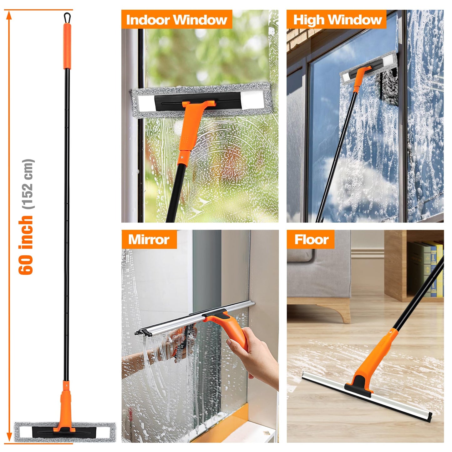 JEHONN Limpia Cristales Profesional Extensible Ventanas con152cm Limpiacristales Telescopico,2Paños de Microfibra para Exteriores Altas Vidrio Ducha Espejo Limpiar Cristal,Automóviles,Negro Y Naranja