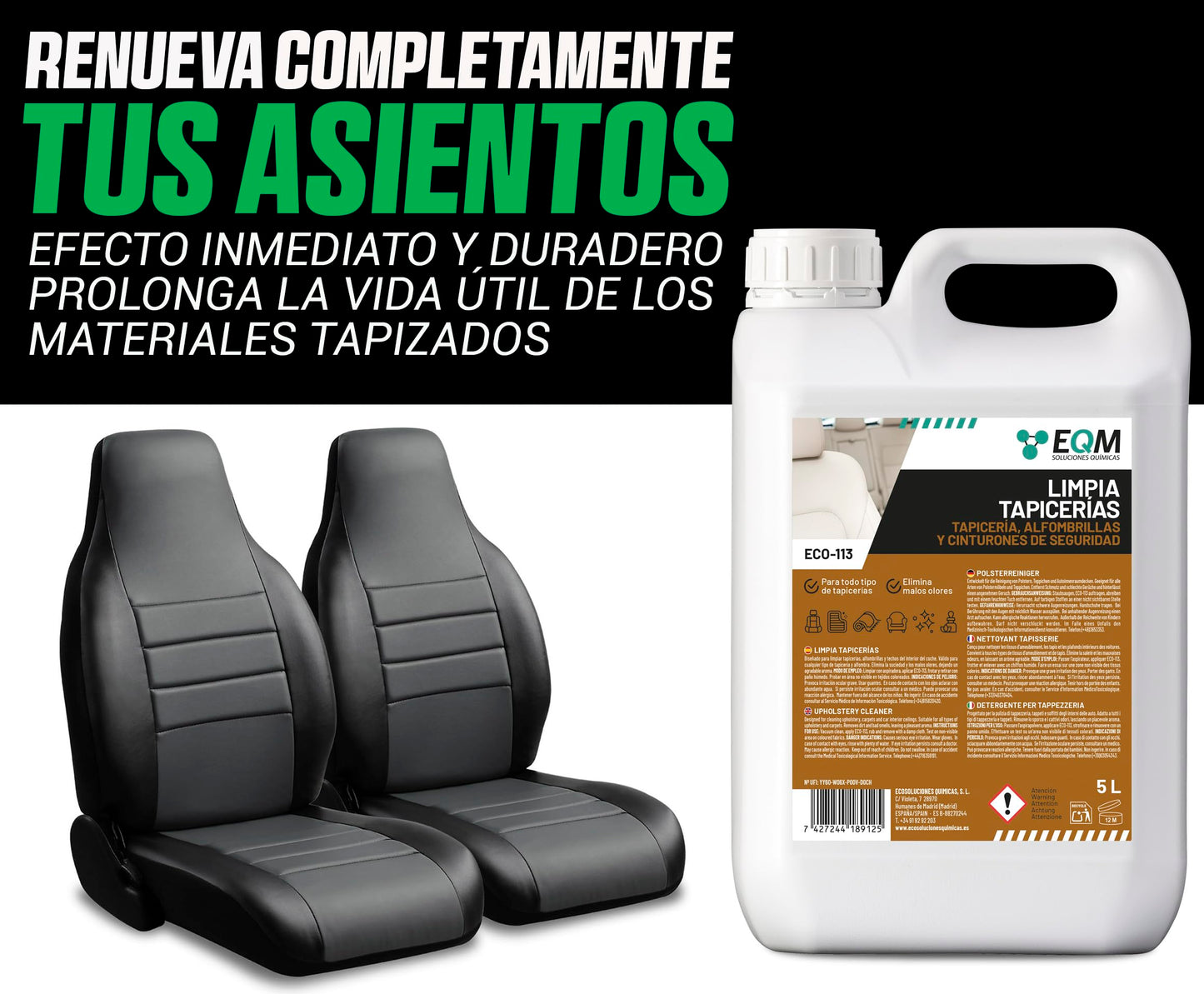 EQM - ECO-113 - Limpia Tapicerías Coche Profesional - 5L - Tela, Cuero y Alcantara - Elimina Manchas y Malos olores - Ideal para alfombras, tapicerías, moquetas, Cinturones de Seguridad