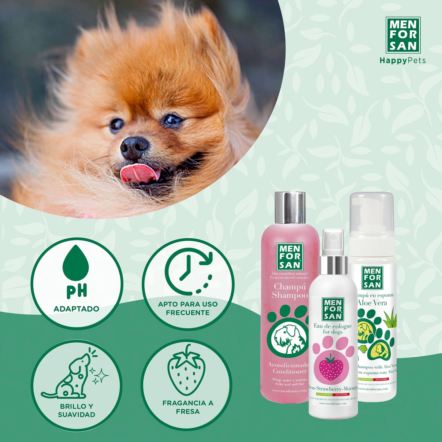 MENFORSAN Pack Higiene y Belleza, Champú Acondicionador, 300ml, Colonia Fresa 125ml, Champú en Espuma para Perros y Gatos 200ml, Rico Aroma a Fresa