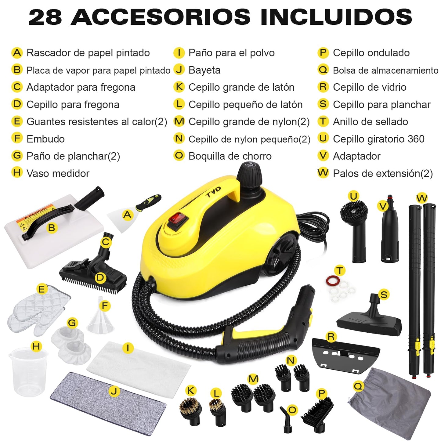 TVD Multiuso Limpiador Vapor,Vaporeta Limpieza Hogar Potente-con 26 Accesorios Multifunción,para la Eliminación de Manchas,Alfombras,Sofá,Cortinas,Asientos Coche,Tapicerias-1.5L Vaporeta de Mano