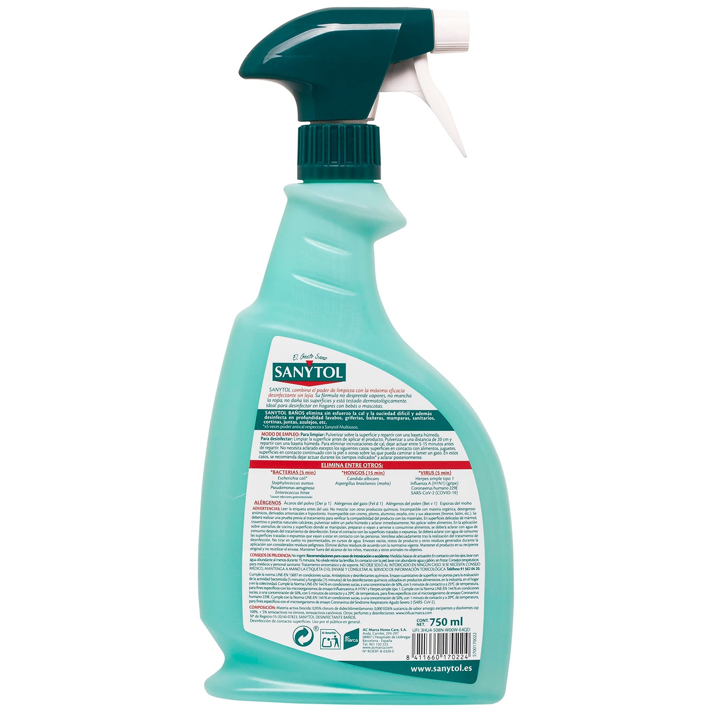 Sanytol – Limpiador Desinfectante Antical Baños, Elimina Bacterias, Hongos y Virus Sin Lejía, Perfume Eucaliptus - 750 ML