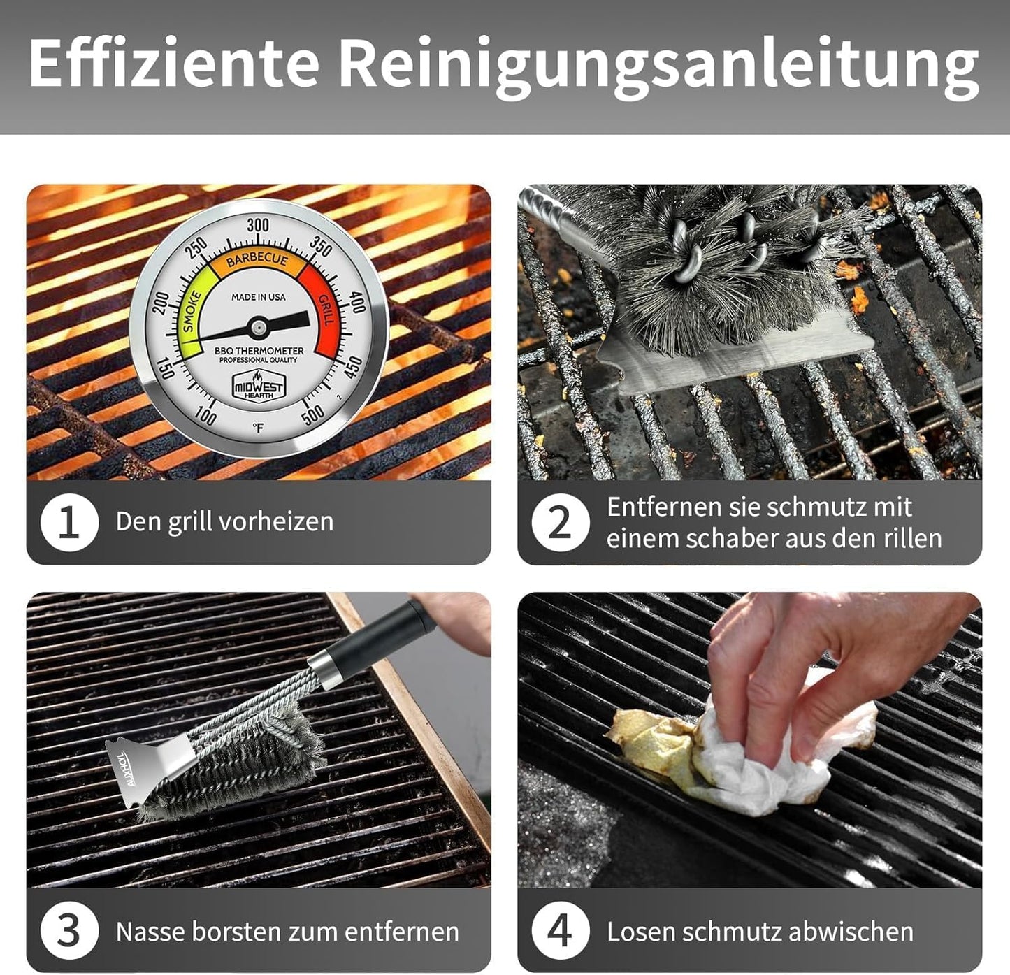 AUXHCYL Cepillo Barbacoa Inoxidable, 3-in-1 Cepillo para Parrilla con Raspador, 45.5cm Largo PP Aislamiento Térmico Mango Cepillo Barbacoa de Limpieza para Parrilla de Gas y Parrilla de Carbón
