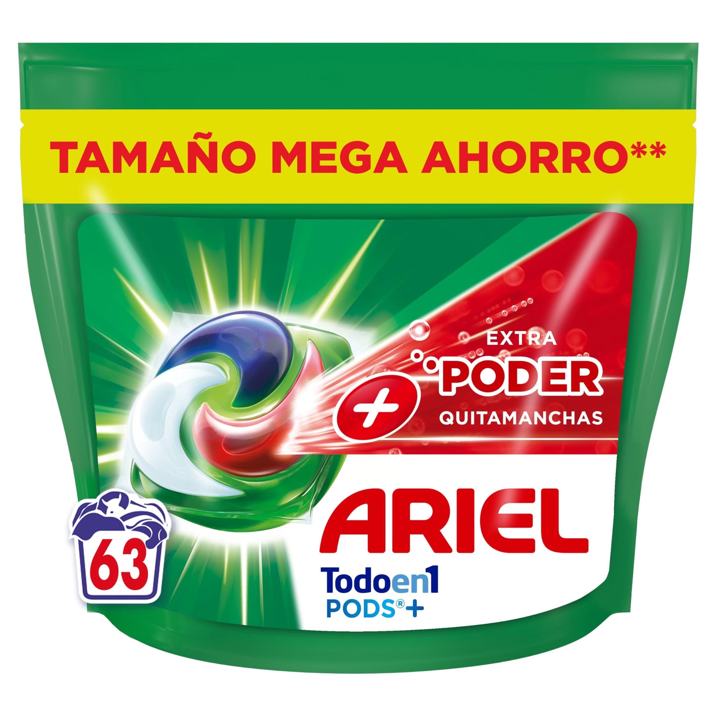 ARIEL PODS Todo en 1 Detergente Lavadora Líquido en Cápsulas/Pastillas, 63 Lavados, Más Poder Extra Quitamanchas, Limpieza Profunda