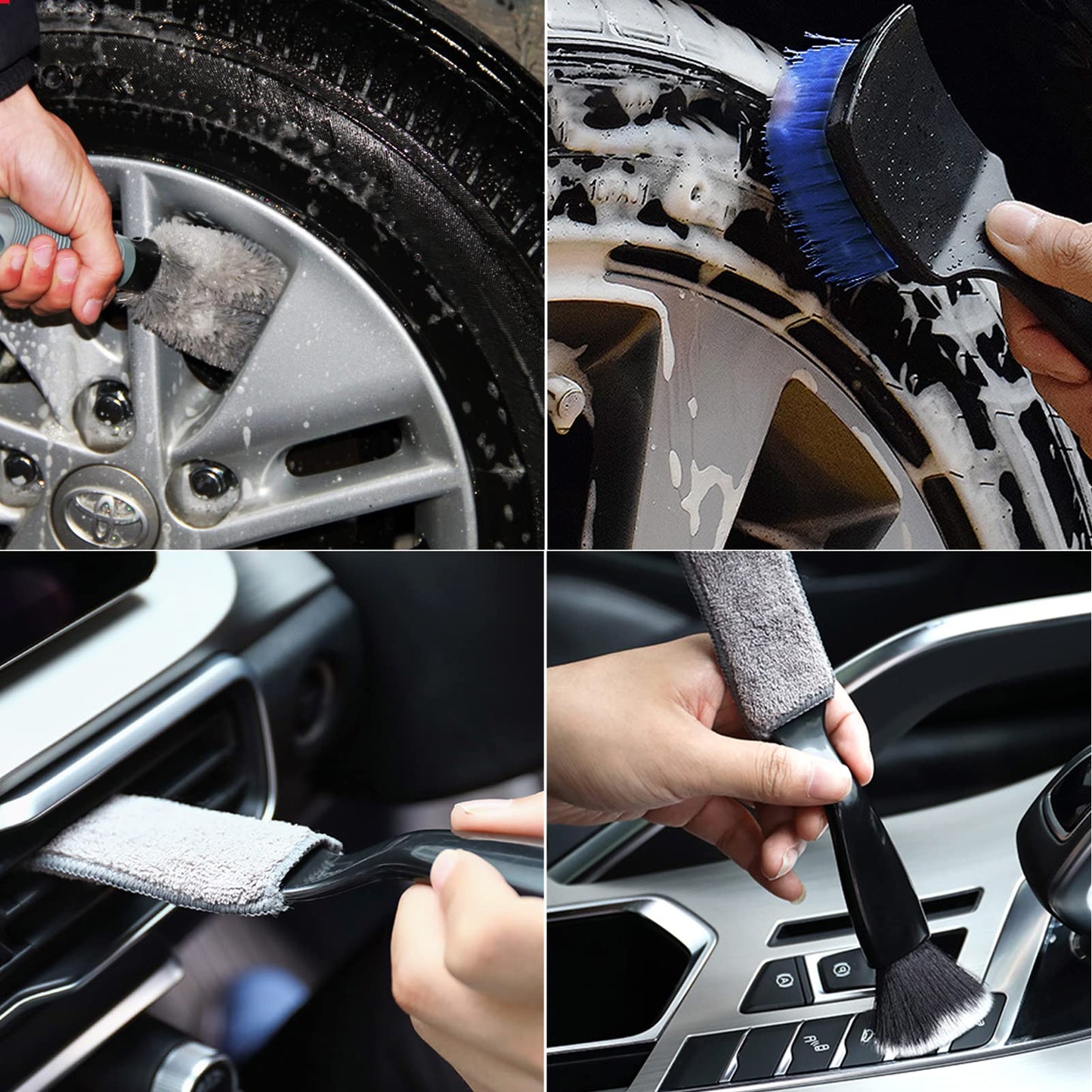 Outigu Kit de limpieza de coche, 62 pulgadas, guante de fregona con mango largo, juego de cepillos de detalles de coche, suministros completos de limpieza de coche