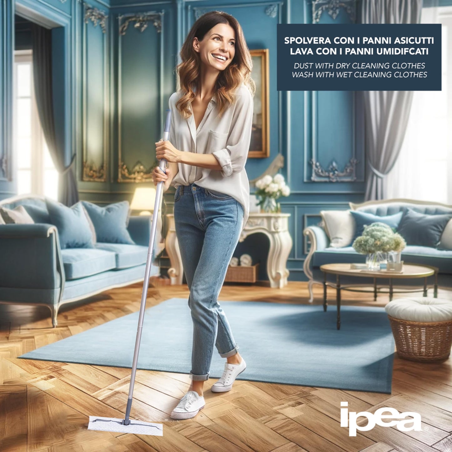 IPEA Mopa Trapeador con Cabezal Giratorio de 180° - Fregona para Lavar Pisos, Quitar Polvo, Limpiar Vidrios, Limpiar Paredes y Azulejos y - Incluye 2 Paños Secos y 2 Húmedos - Elimina la Suciedad