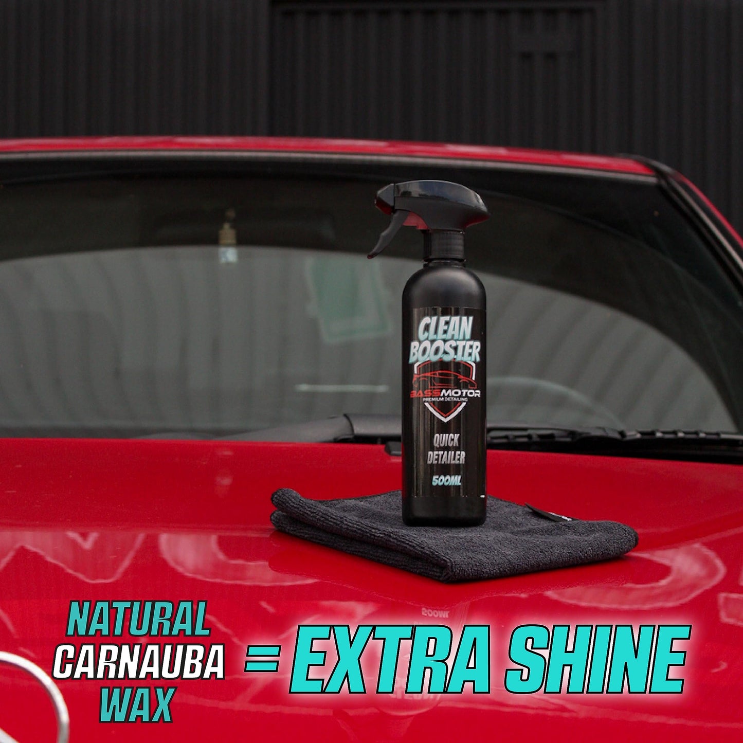 BassMotor Limpiador en seco todo en uno Exterior Coche para Limpieza Sin Agua Exterior de Carrocería Cristales Moto Uso Fácil - Clean Booster 500ml + Bayeta Premium
