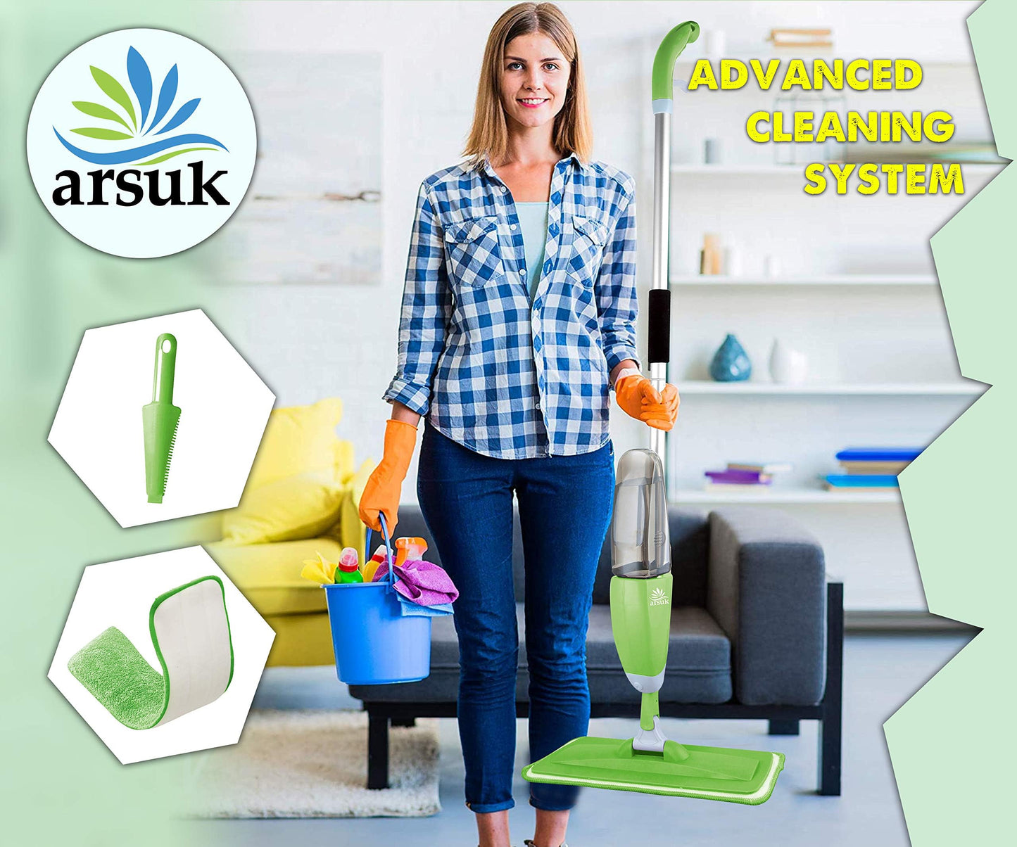 ARSUK Mopa con Pulverizador, Mopa Fregona para Suelos con Botellas Recargables de 600ml y 2 Almohadillas de Repuesto – para el Cocina, Azulejos, Madera Dura, Laminados