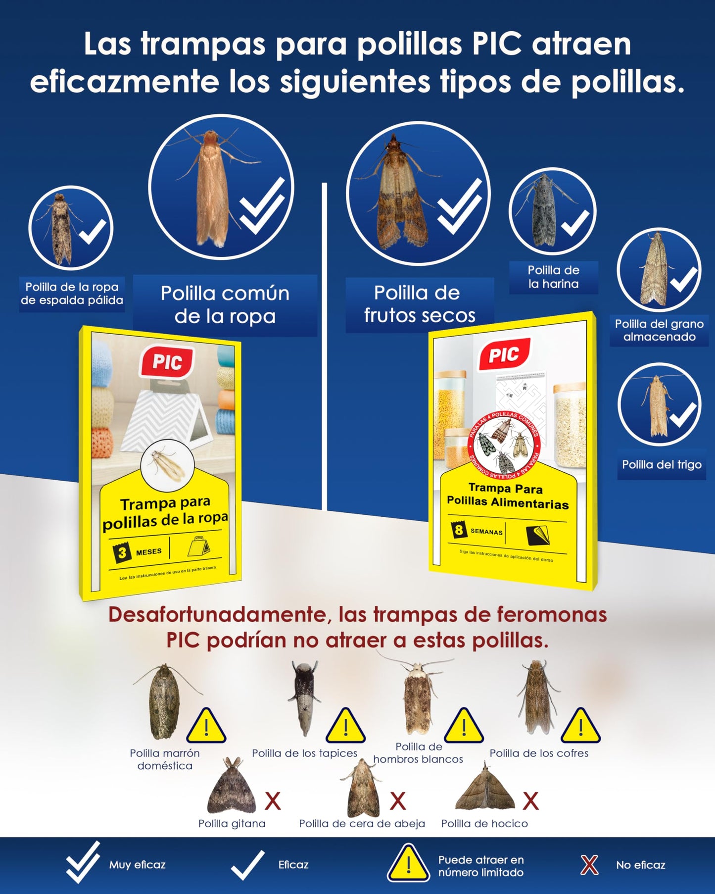 PIC Trampa Polillas Alimentos - 12x Trampas para Polillas de la Comida - Antipolillas Cocina Alimentos - Trampas Adhesivas Eficaces para Determinar la Infestación de Polillas de la Comida